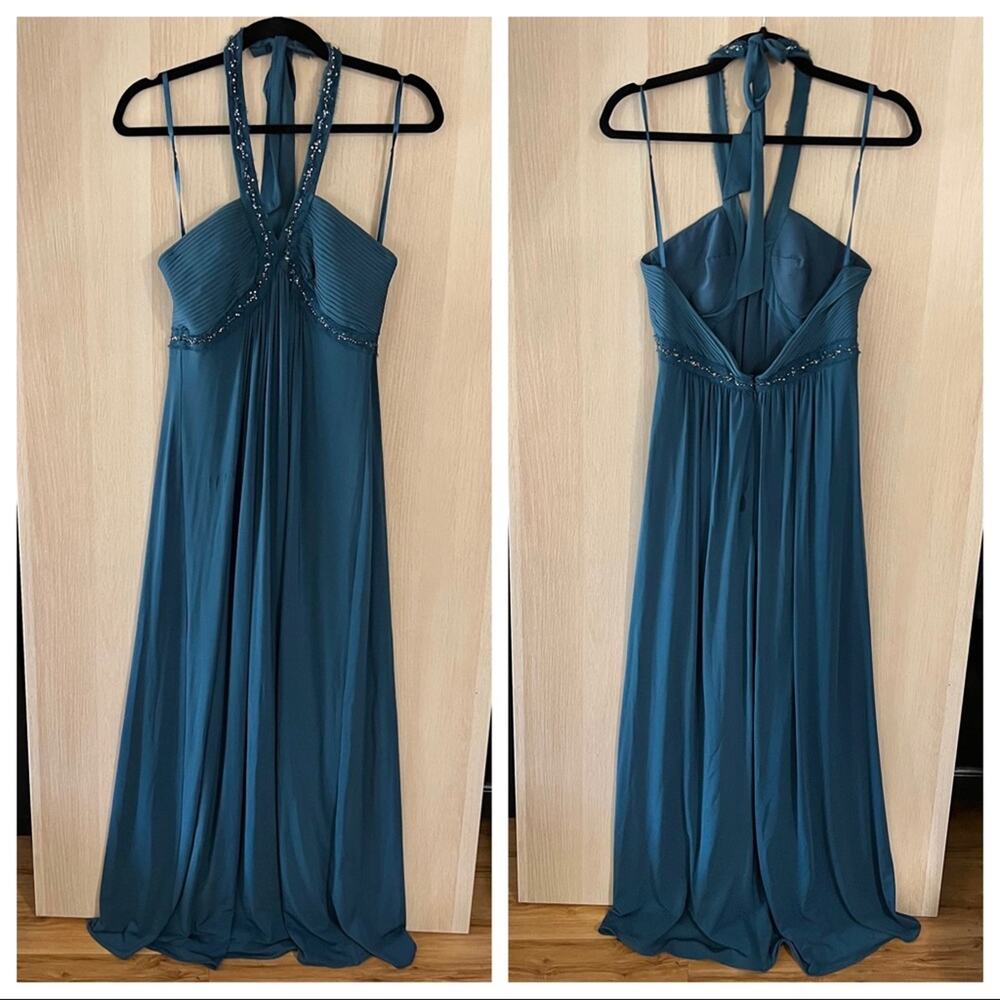 BCBGMaxazria Teal Halter Gown